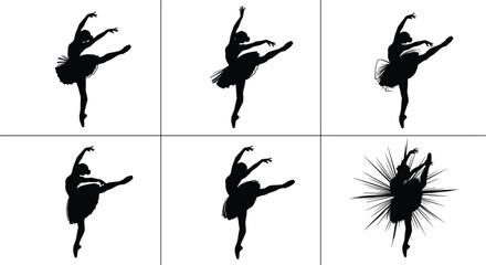 Ballerina silhouette, abstract tutu, dance transformation, artistic pose, black figure, expressive motion, ballet evolution, dramatic style, creative distortion, graceful kick © Arafat World