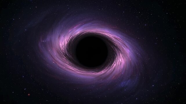 Orbiting purple accretion disk swirling around central black hole in deep space, due to gravity