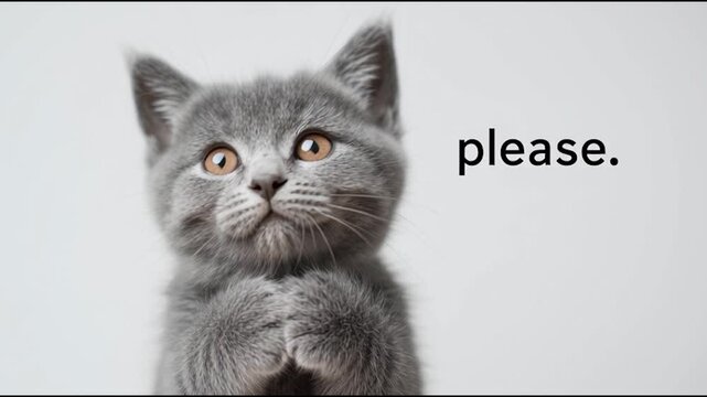 A cute gray kitten with big, expressive eyes looks up with paws together, seemingly pleading against a plain white background.