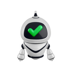 Vector cartoon 3d robots accepted icon. Realistic 3d render robot character with green checkmark on face screen. Safe approved chat bot technology, smart robotic support service concept.
