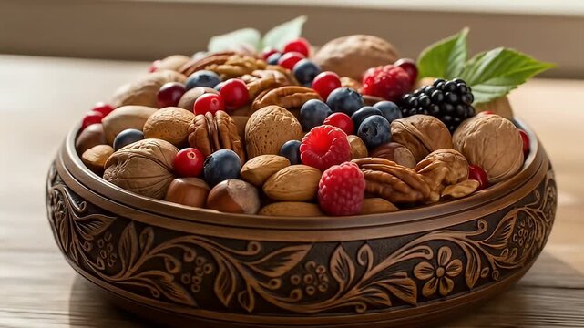 Ornate bowl filled with mixed nuts and fresh berries, resting on a wooden table