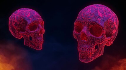 Starting playback two neon red skulls rotating, revealing motifs against void, drifting orange mist - Powered by Adobe