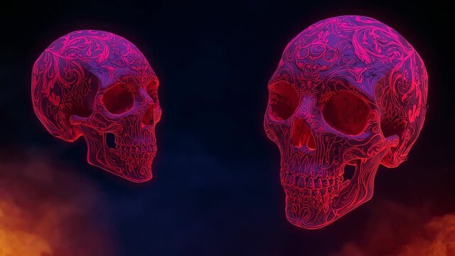 Starting playback two neon red skulls rotating, revealing motifs against void, drifting orange mist - Powered by Adobe