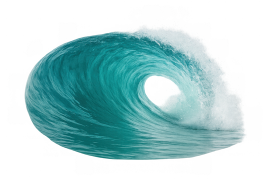 Ocean wave curling, showing power and energy of sea water splash with transparent background