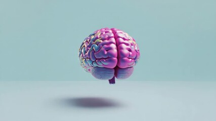 Rotating 3D brain model above light cyan surface, showing pastel gradient, shifting shadow - Powered by Adobe