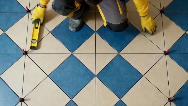 Top-down view of a tiler laying a new floor. A construction worker checks the ceramic tiles with a level tool during a home renovation