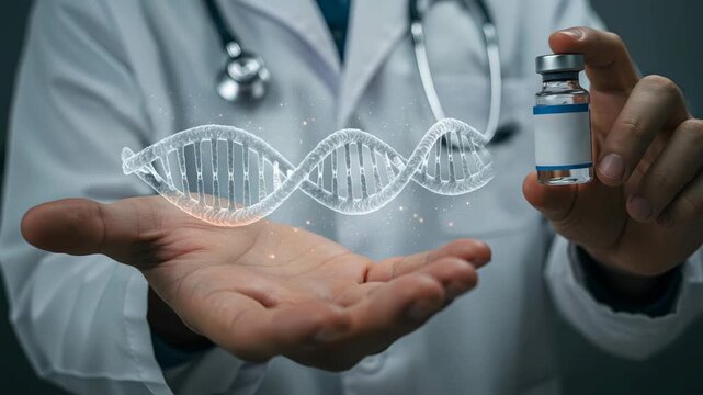 DNA double helix showing in hand of scientist doctor. Genetic medicine and therapy, biotechnology science. Scientist in protective suit work with samples into test tubes, vaccine development
