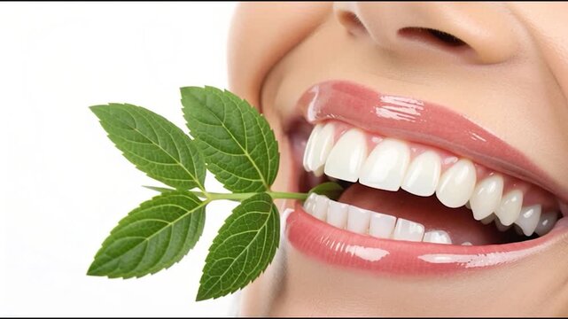 A close-up of a smiling person with bright white teeth, holding fresh green leaves in their mouth, conveying freshness and health.