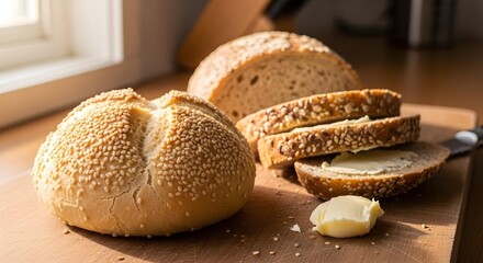 Freshly baked bread and butter on a wooden cutting board