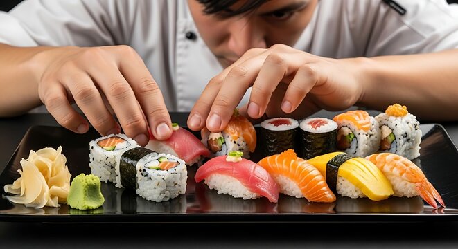 Chef preparing assorted sushi set on black plate, arranging nigiri, maki, and uramaki with tuna, salmon, shrimp, and avocado