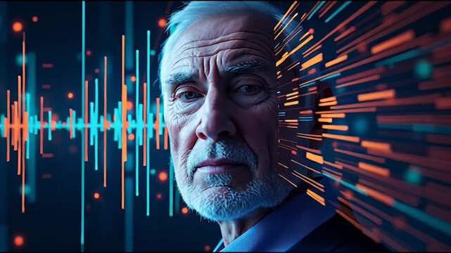 A senior man with a thoughtful expression, surrounded by vibrant digital sound waves and data patterns, symbolizing the intersection of technology and mindfulness.
