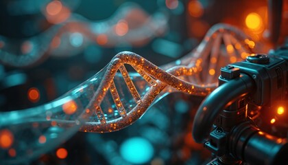 Abstract visualization of glowing DNA helix molecule. Futuristic biopunk laboratory equipment interface. Science gene research, genetic engineering concept.