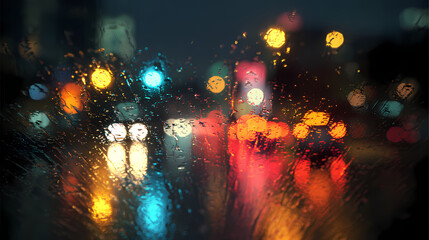 City lights seen through a rainy window creating an atmospheric and colorful bokeh effect