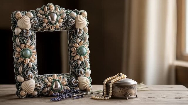 Ornate, handcrafted seashell picture frame on a wooden surface with jewelry and lavender
