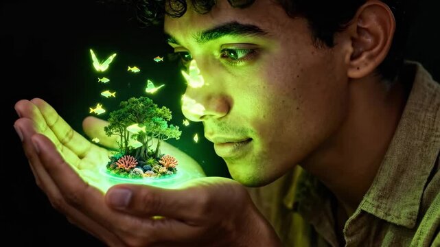 Man holding a miniature glowing ecosystem in his hands. Magical butterflies fly around a tiny world representing nature. Environmental conservation and future technology concept