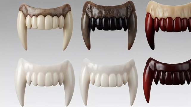 An arrangement of multiple sets of vampire teeth against a gradient gray background