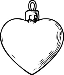Black and white hand drawn heart shaped Christmas ornament. Minimal festive decoration element in vintage sketch outline style, perfect for holiday and winter design