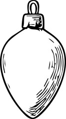 Black and white hand drawn teardrop shaped Christmas ornament in minimal sketch outline style. Elegant festive decoration element for winter and holiday design