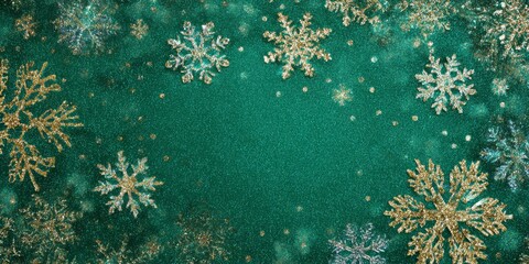 Glittering snowflakes frame a sparkling emerald green background.