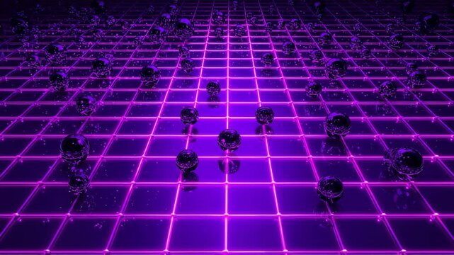 Neon-purple grid and reflective black spheres filling virtual space, creating abstract pattern