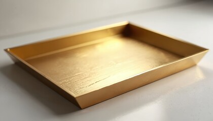 Fototapeta premium Golden rectangular tray placed on white surface. The brushed gold tray has minimalist design with elegant decor style. Home interior with reflective details looks stylish.