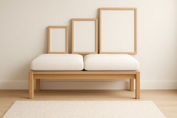 Fototapeta premium Cozy modern living room with elegant bench and framed artwork for aesthetic appeal