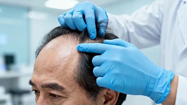 A doctor examines a man's scalp for hair loss in a clinic. A dermatologist inspects a patient with alopecia and a receding hairline. Medical treatment and hair care concept