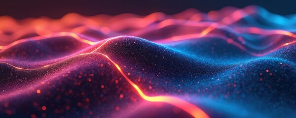 Abstract digital waves glow with vibrant electric colors, transitioning from blue to pink. Neon lines trace textured peaks, valleys. Futuristic background shows tech data flow, energy pulses, big
