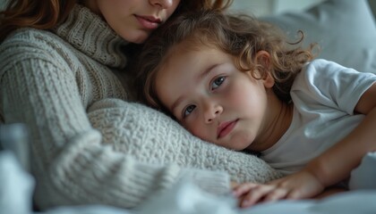 Woman holds sick child close offering comfort and support. Tender moment of care indoors as little one rests head on mothers shoulder in soft light.