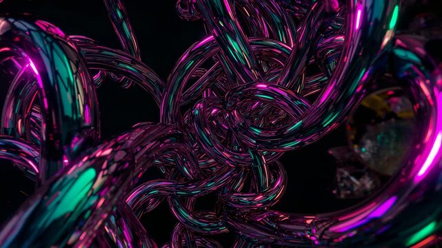 Rotating metallic knot around axis under magenta and teal lighting in black void, pulsing shimmer