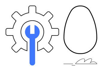 Gear with wrench denoting tools mechanics alongside egg representing new beginnings, growth, ideas. Ideal for innovation, development, creativity, solutions, progress, entrepreneurship abstract