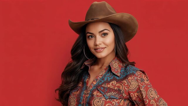 Woman wearing cowboy hat and paisley shirt in studio against red backdrop, with hoop earrings