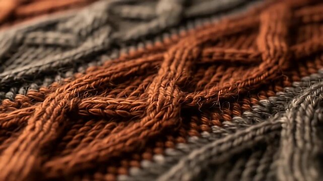 A close-up shows a textured brown and grey knitted wool fabric with a cable pattern