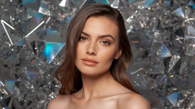 Photographer signalling strapless top model rotating and smiling on set with crystals for side shot