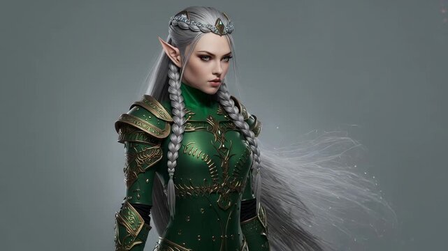 Playback starting elf warrior rotating from front to right profile in studio, with green armour