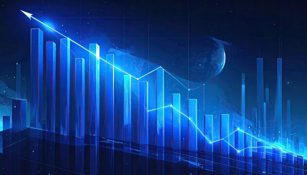 Abstract Digital Bar Chart With Blue Glow And Arrow Showing Upward Trend And Downward Trend Against Dark Futuristic Cityscape With Globe In Background