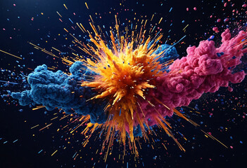Fototapeta premium Vibrant explosion of colorful powder and particles erupting against a dark background, creating a dynamic and energetic visual effect
