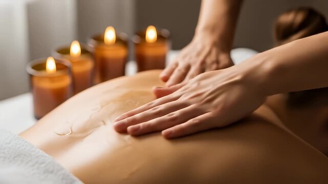 Close-up shot of hands massaging a bare back, candles illuminate a calming atmosphere