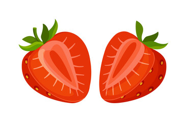 Fresh red strawberry, cut in half. Hand drawn flat style isolated on transparent background. Perfect for apps, websites, stickers, menus, decor, packaging, and branding. Vector illustration