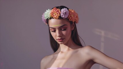 Reacting to shifting sunlight model blinking and tilting in studio, with floral crown, face stripe - Powered by Adobe