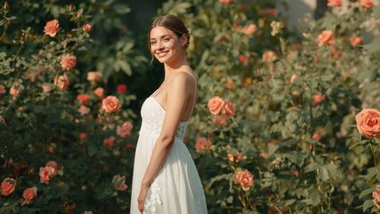 Opening shot showing bridal model wearing white lace gown in rose garden shifting gaze smiling - Powered by Adobe