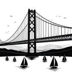Monochrome graphic illustration of a majestic suspension bridge over a bay with sailboats.