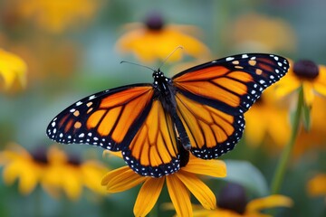 Fototapeta premium Beautiful Monarch Butterfly on Black-Eyed Susan. Colorful Insect in Garden Conservation
