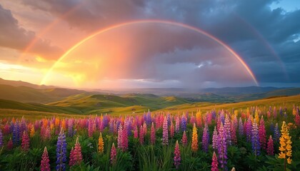 Obraz premium Field of colorful lupine flowers with double rainbow over green hills during sunset. Moody sky with golden light breaking through clouds. A beautiful natural landscape.