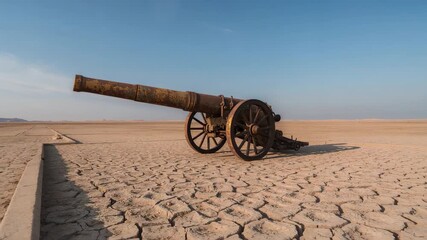 After hold, camera panning revealing rusted cannon with wheels on cracked earth and concrete curb - Powered by Adobe