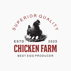 Vintage Chicken Farm Logo Design Featuring Hen Nesting with Eggs and Retro Typography