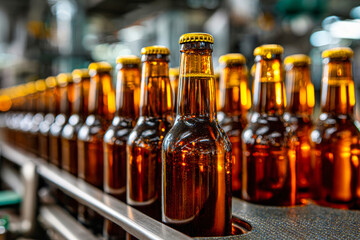 Bottles of craft beer moving along the production line in a brewery during daytime operation