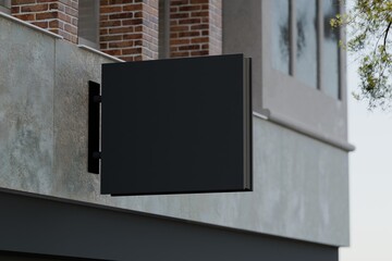 Matte black square blade sign on urban wall, mockup