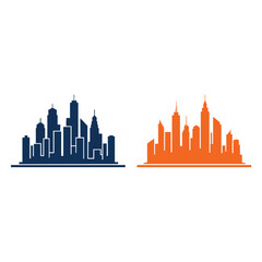 Fototapeta premium Set of two stylized city skyline silhouettes one in dark blue and one in bright orange depicting a modern urban metropolis.