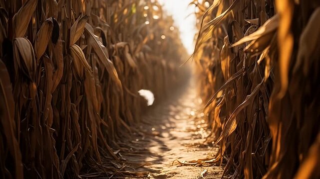 Path through dry corn stalks under soft sunlight, leading to bright opening in the distance